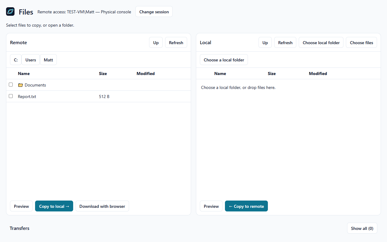 Orbit Files workspace with separate remote and local folder panes and transfer controls