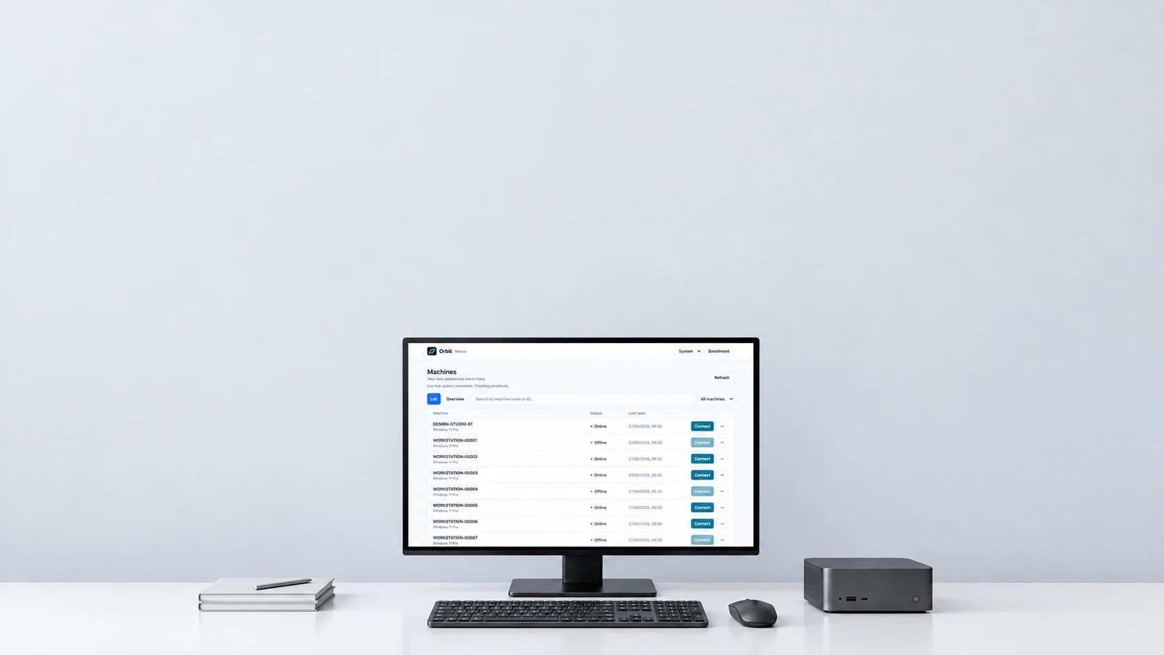 Orbit's machine list displayed on a desktop monitor